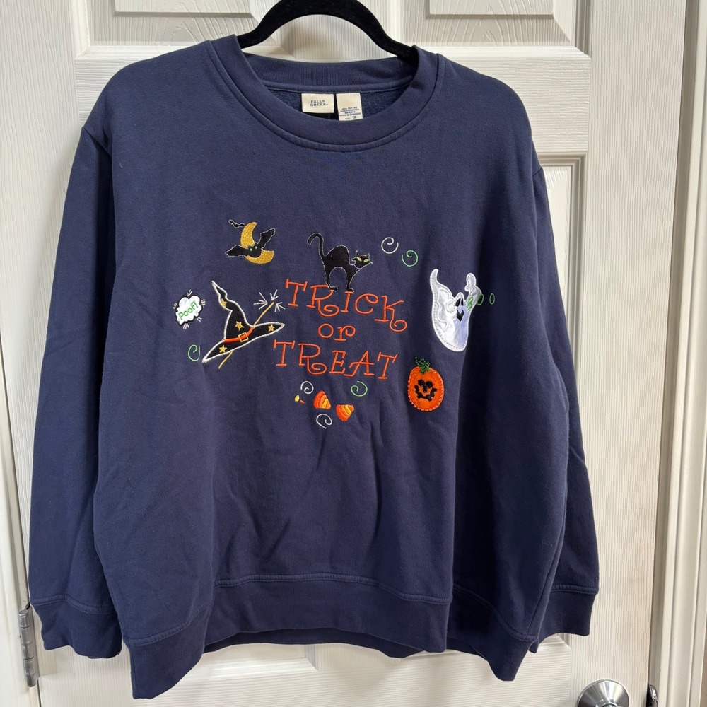 Vintage Falls Creek Womens 1X Halloween Trick or Treat Embroidered SS Navy